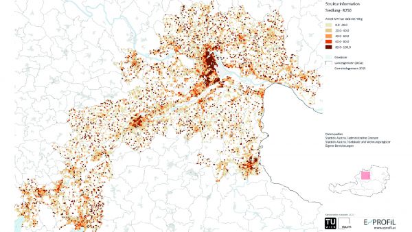 Anteil MFH (Mehrfamilienhäuser) und MWB (Mehrgeschoßwohnbauten) an Gebäuden mit Wohnungen - Zentralraum Linz. Eigene Darstellung durch SRF/TU Wien, 2017, basierend auf Statistik Austria Gebäude- und Wohnungszählung 2011