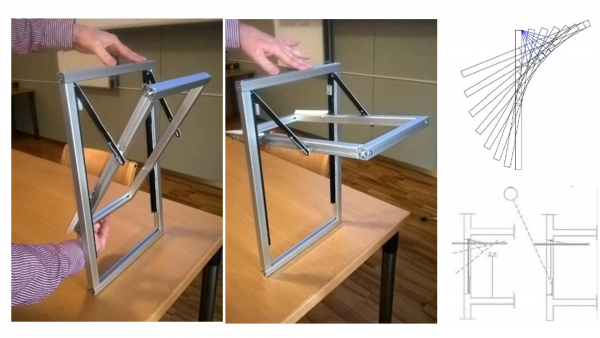 Darstellung von Handmuster, Öffnungprinzip und potentiellem Sonnenschutz-Zusatznutzen des Garagen-Tür-Fensters.