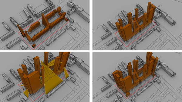 Unterschiedliche Verdichtungsszenarien - basierend auf Lichteinfall, Geschosshöhenbeschränkungen, Sichtbeziehungen und Verschenkungen.