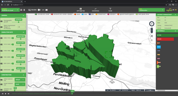 Die Abbildung zeigt einen Screenshot des Visualisierungsprototyps mit einer dreidimensionalen Kartendarstellung der berechneten Materialmengen je Bezirk in der Bildmitte. Dabei werden Bezirksgrundflächen abhängig von der Materialmengen in die Höhe extrudiert. Eingefärbt werden die Bezirke in der Farbe der dominierenden Materialgruppe (in dieser Darstellung überwiegend Beton inkl. Estrich). Die Farbzuordnung folgt ÖNORM A-6240. Links der Kartendarstellung ist der Szenario-Editor zu sehen, mit dem mit Schiebereglern die Abrissraten für Gebäude unterschiedlicher Bauperioden verändert werden kann und die Annahmen für das zukünftige Bevölkerungswachstum und den Wohnraumbedarf je Einwohner:in eingestellt werden können. Rechts der Kartendarstellung ist eine detaillierte Auswertung für den in der Karte markierten 22. Wiener Gemeindebezirks zusehen. In einem Balkendiagramm werden die Materialmengen je Materialgruppe in Tonnen dargestellt. In einer Navigationsleiste über der Karte können Szenarien aus dem Szenario-Editor geladen und gespeichert werden, zudem kann die Zwischen der Kartenansicht und weiteren Diagrammansichten gewechselt werden. Unterhalb der Karte ist eine Zeitleiste abgebildet, auf der man mit einem Schieberegler die berechneten Werte der Szenarien im Zeitverlauf zwischen dem Jahr 2020 bis ins Jahr 2050 nachvollziehen kann. Durch Veränderung des Schiebereglers ändern sich auch die in der Karte für das jeweilige Jahr dargestellten Werte.