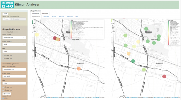 Die Abbildung zeigt das User Interface des KLIMUR-Analyzers, rechts mit verschiedenen drop-down Auswahlmenüs und Buttons. Es werden zwei Karten im Vergleich gezeigt, rechts mit Punkten der Schulen und links mit den Punkten der Spielplätze (OGD Wien). Dies entspricht nur einem Feature des KLIMUR-Analyzers. Mehr Features zur Analyse und partizipativen Datensammlung und Bewertung sind im Projektbericht zu finden.