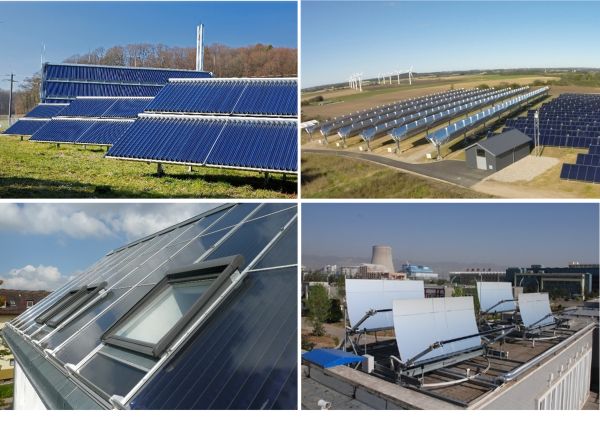 Am Boden angebrachte evakuierte Röhrenkollektoren in Büsingen, Deutschland; Kombination von Flachkollektoren und parabolischen Trogkollektoren in Taars, Dänemark; Dachintegrierte solarthermische Kollektoren im “solar@home” Gebäude in Crailsheim, Deutschland; Demosystem von Sun Oyster auf einem Flachdach in Zhangjiakou, China