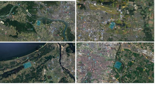 Übersichtsfoto der großen thermischen Solaranlage in Silkeborg, Dänemark (links) and schematische Darstellung der verschiedenen Abschnitte und der Verrohrung (rechts)