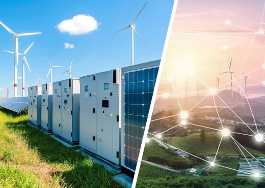 Linkes Foto: Stromspeicher, PV-Anlage und Windräder auf einer grünen Wiese. Rechtes Foto: Landschaft mit Gebäuden, Bergen, Flüssen und Windrädern, darüber liegt eine Illustration aus mehreren vernetzten Punkten.