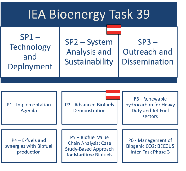 IEA Bioenergy Task 39 ist in 3 Subprogramme unterteilt: Technology and Deployment, System Analysis and Sustainability, Outreach and Dissemination. In diesem Triennium werden 6 theamtische Projekte durchgeführt, die in der Grafik aufgelistet sind. Jene Projekte und Subprogramme die Österreich leitet sind mit der österreichischen Flagge gekennzeichnet.