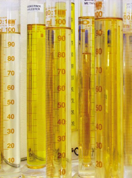 Messzylinder mit verschiedenen Biodieselproben.