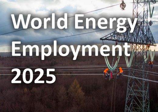 Arbeiter auf einem Hochspannungsmasten, im Hintergrund Himmel und Wald