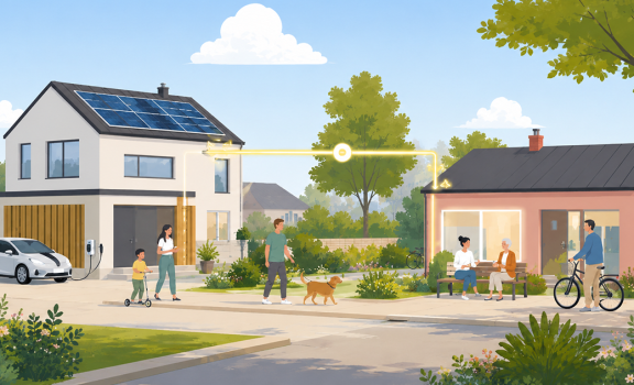 Illustration: Zwei Wohngebäude mit PV-Anlagen, Personen mit Auto, Rad, Kindern und einem Hund gehen auf der Straße.